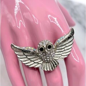 Silver tone & Crystal OWL‎ with Wings Spread Stretch Band Ring